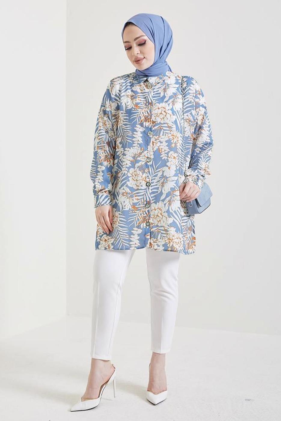 Tesettür giyim MAVİ ÇİÇEK DESENLİ GÖMLEK TUNİK T 6888-1