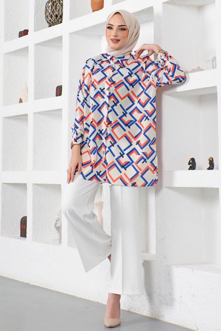 Tesettür giyim LACİVERT GEOMETRİK DESENLİ GÖMLEK TUNİK T 6888