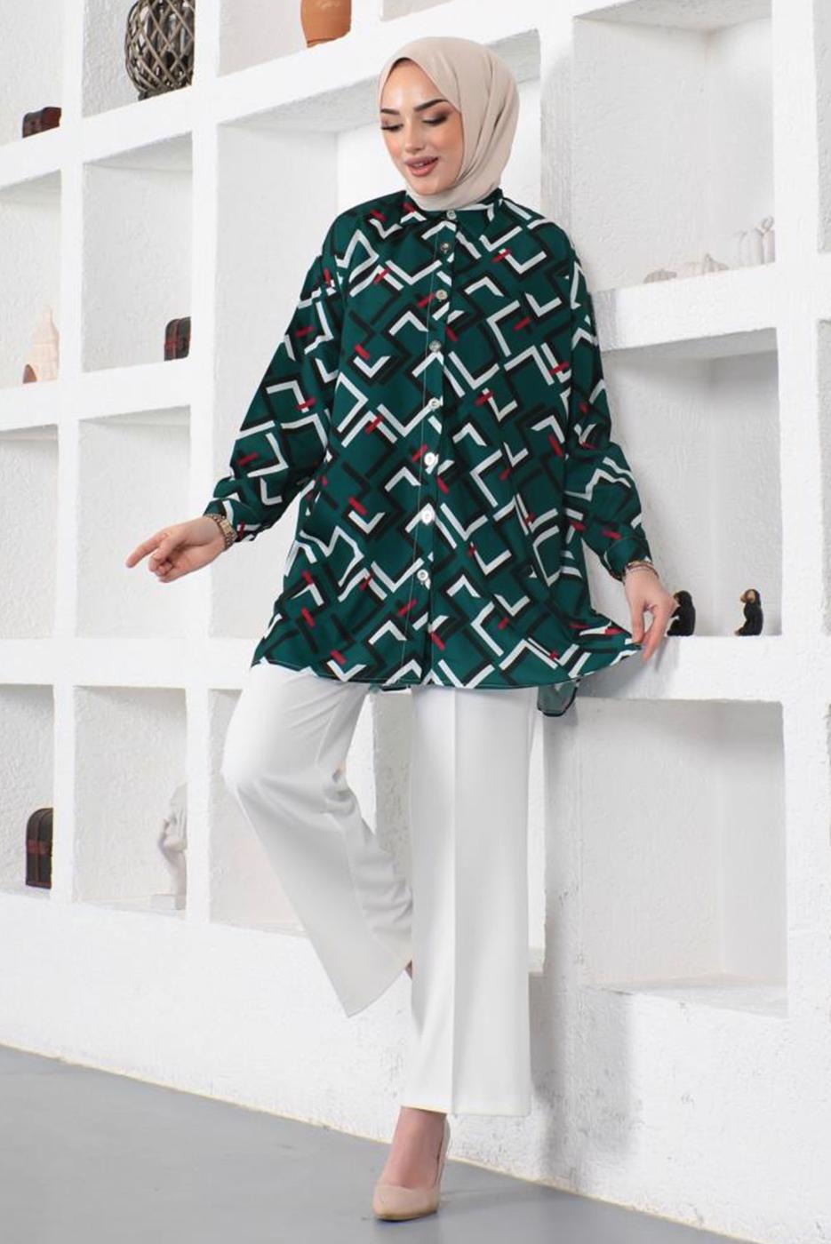 Tesettür giyim YEŞİL GEOMETRİK DESENLİ GÖMLEK TUNİK T 6888