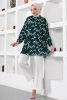 Tesettür giyim YEŞİL GEOMETRİK DESENLİ GÖMLEK TUNİK T 6888