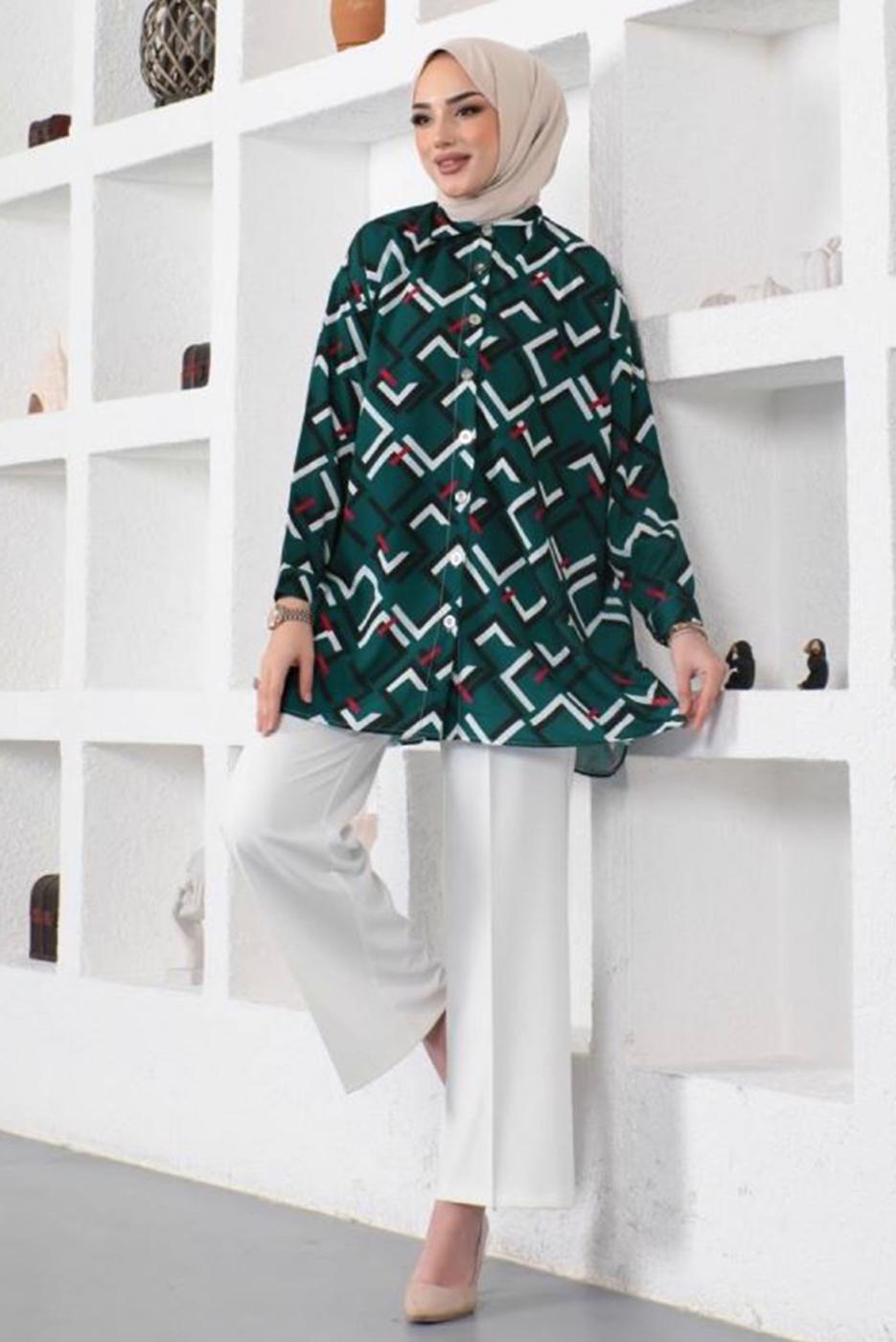 Tesettür giyim YEŞİL GEOMETRİK DESENLİ GÖMLEK TUNİK T 6888