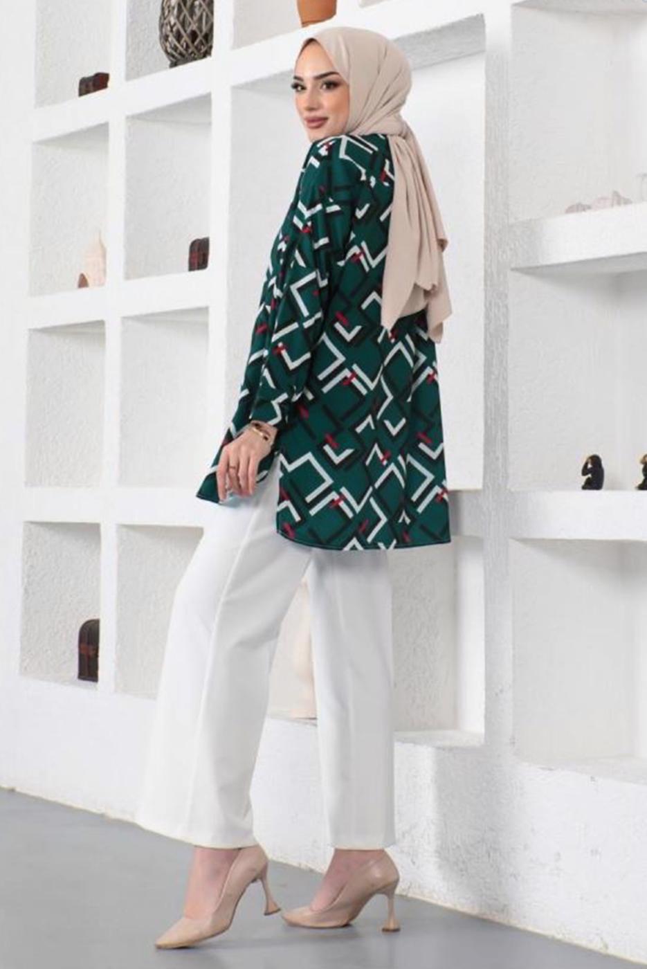 Tesettür giyim YEŞİL GEOMETRİK DESENLİ GÖMLEK TUNİK T 6888