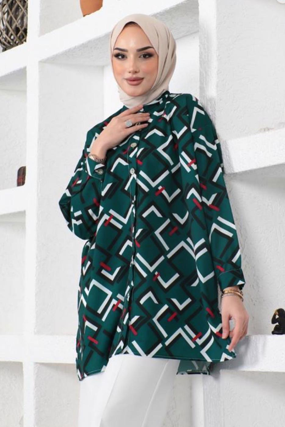 Tesettür giyim YEŞİL GEOMETRİK DESENLİ GÖMLEK TUNİK T 6888