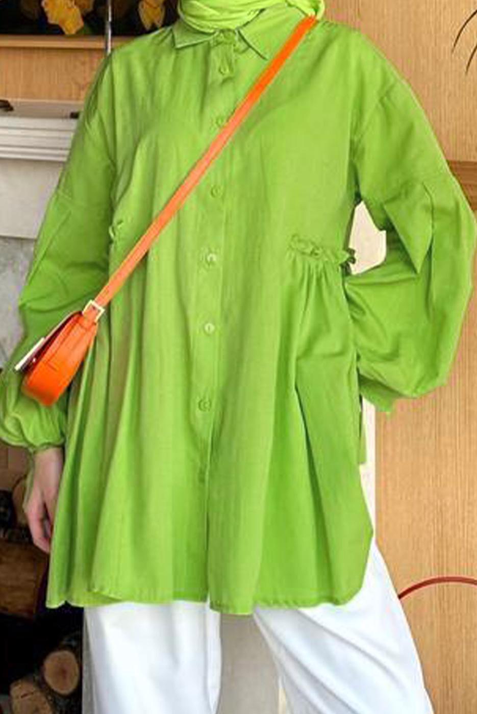 Tesettür giyim YEŞİL BELİ BÜZGÜ DETAYLI DÜĞMELİ TUNİK T 7168