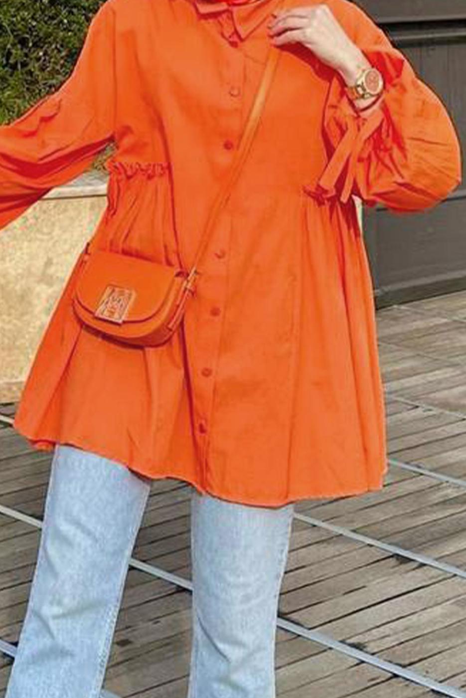 Tesettür giyim TURUNCU BELİ BÜZGÜ DETAYLI DÜĞMELİ TUNİK T 7168