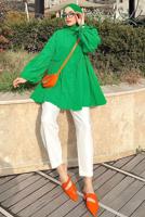 Tesettür giyim YEŞİL BELİ BÜZGÜ DETAYLI DÜĞMELİ TUNİK T 7168