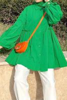 Tesettür giyim YEŞİL BELİ BÜZGÜ DETAYLI DÜĞMELİ TUNİK T 7168