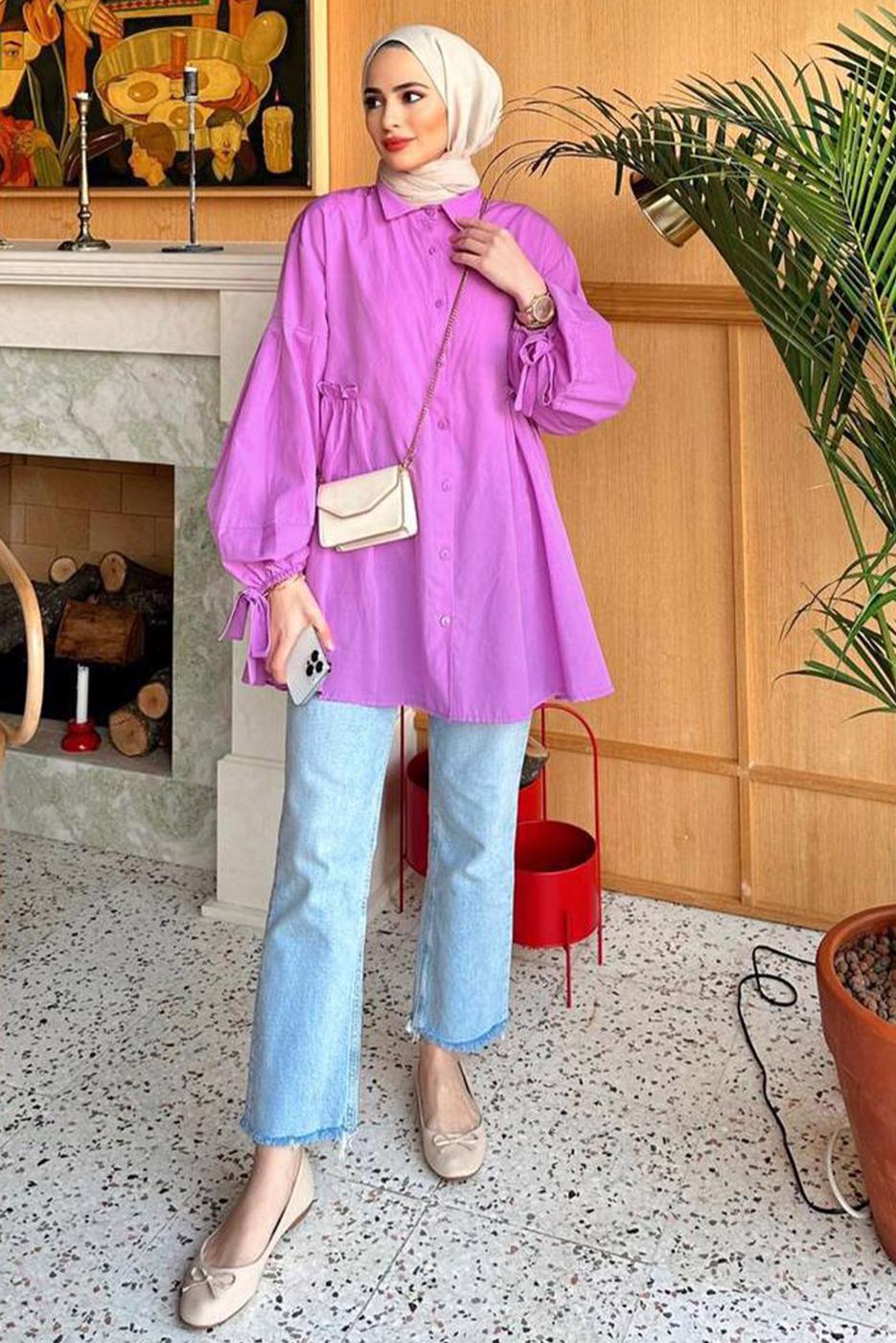 Tesettür giyim MÜRDÜM BELİ BÜZGÜ DETAYLI DÜĞMELİ TUNİK T 7168