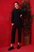 Tesettür giyim SİYAH TAŞ BASKILI İKİLİ PANTOLONLU TAKIM T 7429