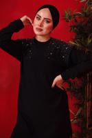 Tesettür giyim SİYAH TAŞ BASKILI İKİLİ PANTOLONLU TAKIM T 7429