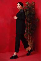 Tesettür giyim SİYAH TAŞ BASKILI İKİLİ PANTOLONLU TAKIM T 7429