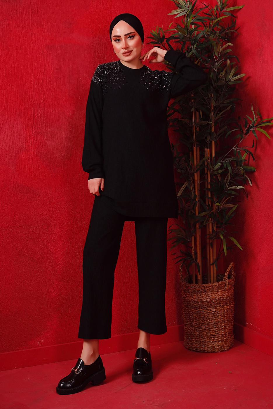 Tesettür giyim SİYAH TAŞ BASKILI İKİLİ PANTOLONLU TAKIM T 7429