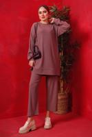 Tesettür giyim MOR TAŞ BASKILI İKİLİ PANTOLONLU TAKIM T 7429