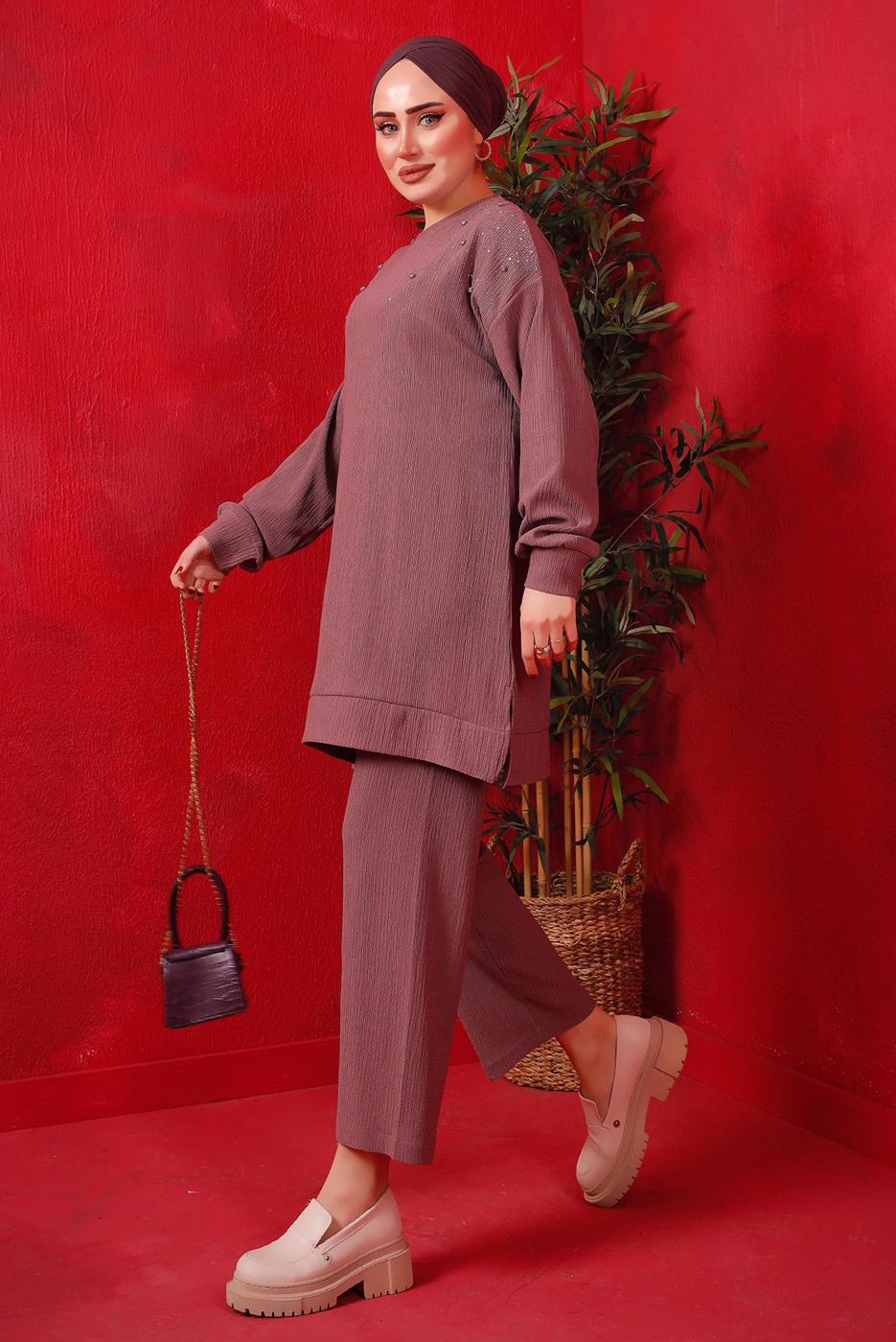 Tesettür giyim MOR TAŞ BASKILI İKİLİ PANTOLONLU TAKIM T 7429