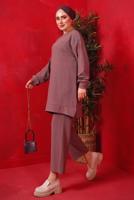 Tesettür giyim MOR TAŞ BASKILI İKİLİ PANTOLONLU TAKIM T 7429