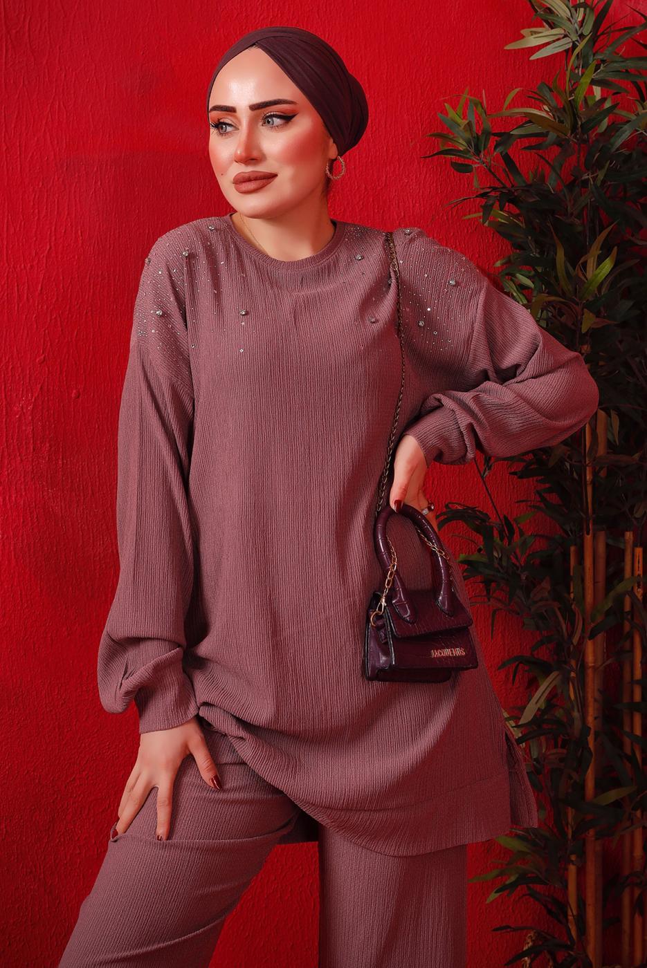 Tesettür giyim MOR TAŞ BASKILI İKİLİ PANTOLONLU TAKIM T 7429