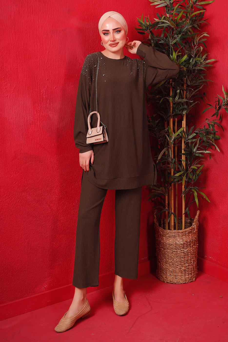 Tesettür giyim KAHVE TAŞ BASKILI İKİLİ PANTOLONLU TAKIM T 7429