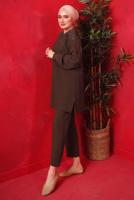 Tesettür giyim KAHVE TAŞ BASKILI İKİLİ PANTOLONLU TAKIM T 7429