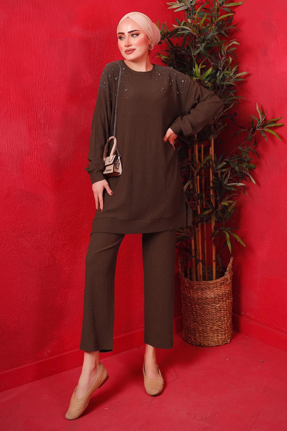 Tesettür giyim KAHVE TAŞ BASKILI İKİLİ PANTOLONLU TAKIM T 7429