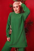 Tesettür giyim YEŞİL TAŞ BASKILI İKİLİ PANTOLONLU TAKIM T 7429