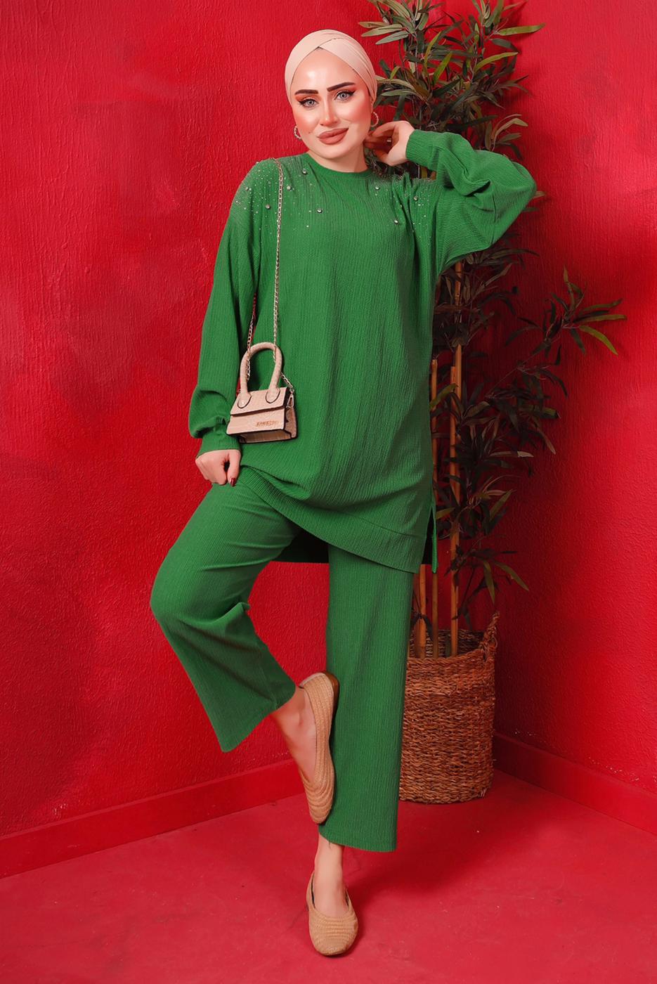 Tesettür giyim YEŞİL TAŞ BASKILI İKİLİ PANTOLONLU TAKIM T 7429