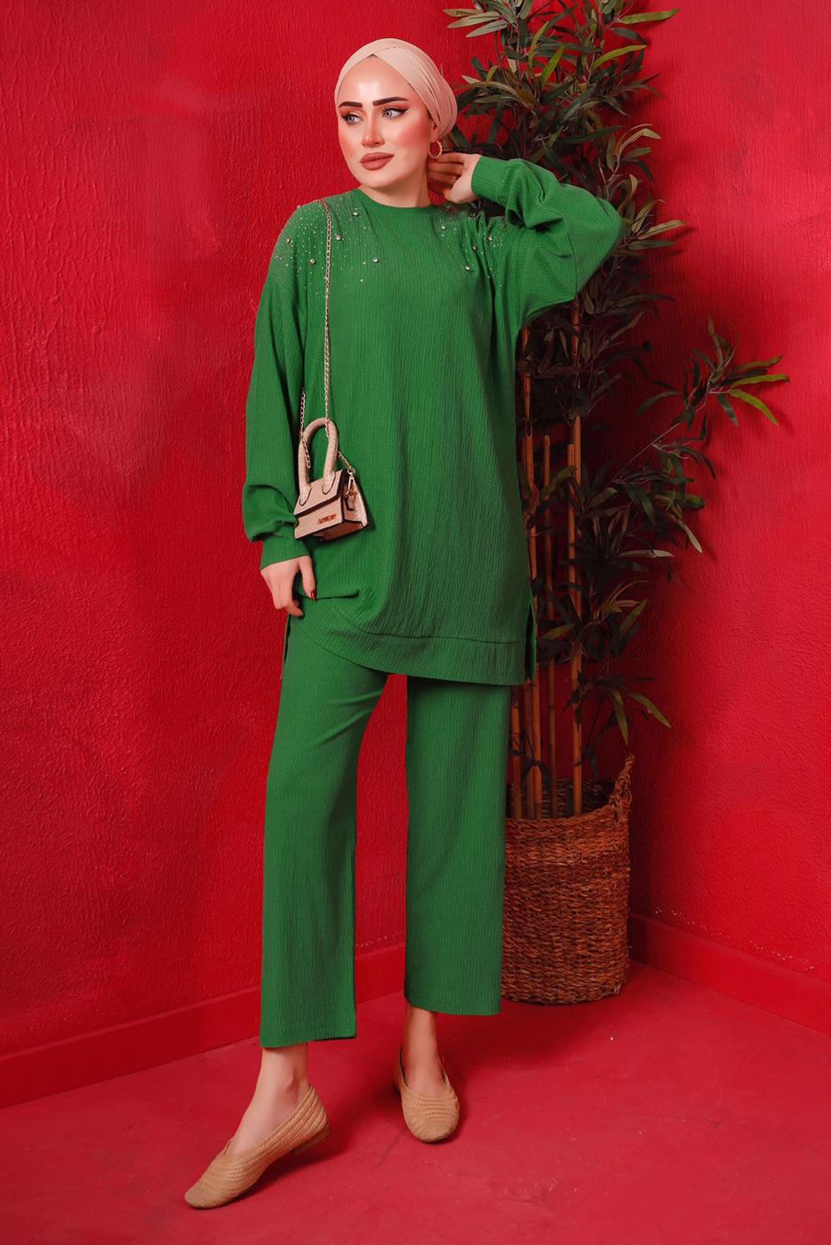 Tesettür giyim YEŞİL TAŞ BASKILI İKİLİ PANTOLONLU TAKIM T 7429