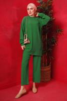 Tesettür giyim YEŞİL TAŞ BASKILI İKİLİ PANTOLONLU TAKIM T 7429