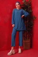 Tesettür giyim LACİVERT TAŞ BASKILI İKİLİ PANTOLONLU TAKIM T 7429