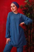 Tesettür giyim LACİVERT TAŞ BASKILI İKİLİ PANTOLONLU TAKIM T 7429