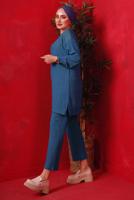 Tesettür giyim LACİVERT TAŞ BASKILI İKİLİ PANTOLONLU TAKIM T 7429