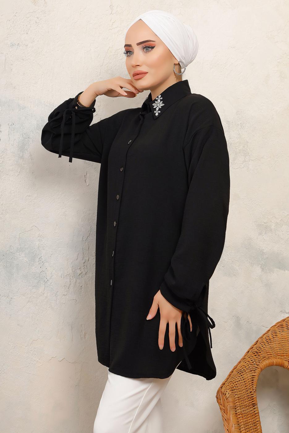 Tesettür giyim SİYAH MANŞETLERİ BAĞLAMALI TAŞ DETAYLI GÖMLEK TUNİK T 7513