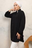 Tesettür giyim SİYAH MANŞETLERİ BAĞLAMALI TAŞ DETAYLI GÖMLEK TUNİK T 7513