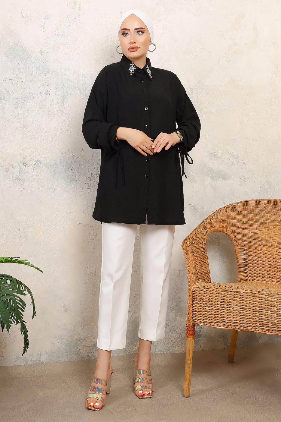 Tesettür giyim SİYAH MANŞETLERİ BAĞLAMALI TAŞ DETAYLI GÖMLEK TUNİK T 7513