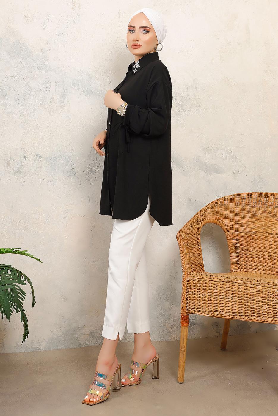 Tesettür giyim SİYAH MANŞETLERİ BAĞLAMALI TAŞ DETAYLI GÖMLEK TUNİK T 7513