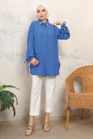 Tesettür giyim MAVİ MANŞETLERİ BAĞLAMALI TAŞ DETAYLI GÖMLEK TUNİK T 7513