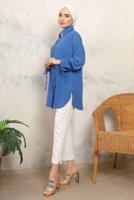 Tesettür giyim MAVİ MANŞETLERİ BAĞLAMALI TAŞ DETAYLI GÖMLEK TUNİK T 7513