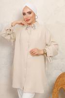 Tesettür giyim BEJ MANŞETLERİ BAĞLAMALI TAŞ DETAYLI GÖMLEK TUNİK T 7513
