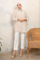 Tesettür giyim BEJ MANŞETLERİ BAĞLAMALI TAŞ DETAYLI GÖMLEK TUNİK T 7513