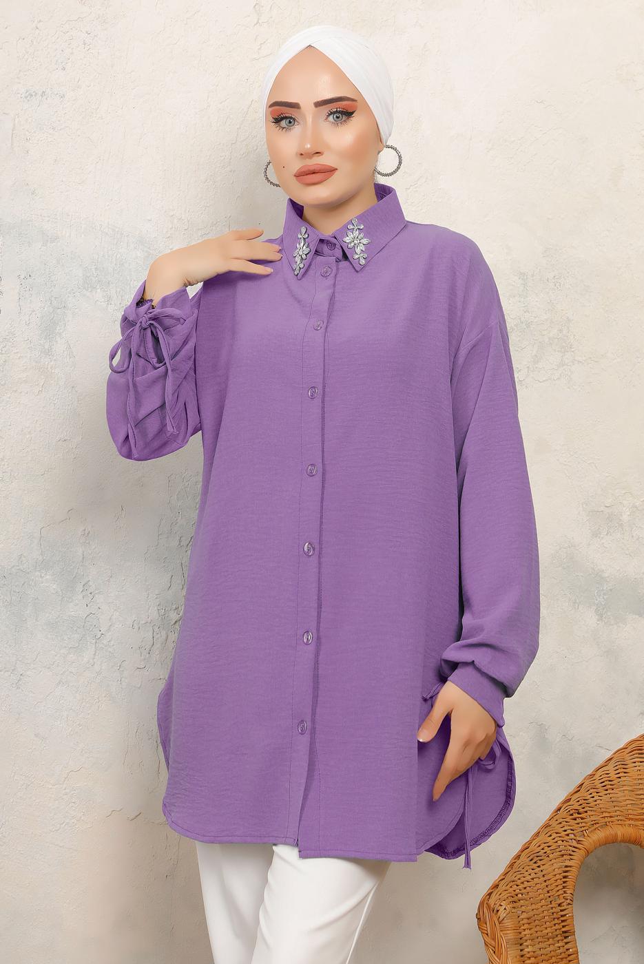 Tesettür giyim MOR MANŞETLERİ BAĞLAMALI TAŞ DETAYLI GÖMLEK TUNİK T 7513