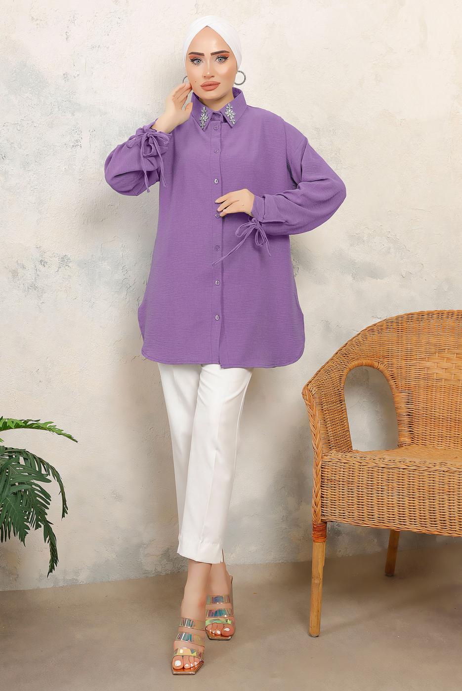 Tesettür giyim MOR MANŞETLERİ BAĞLAMALI TAŞ DETAYLI GÖMLEK TUNİK T 7513