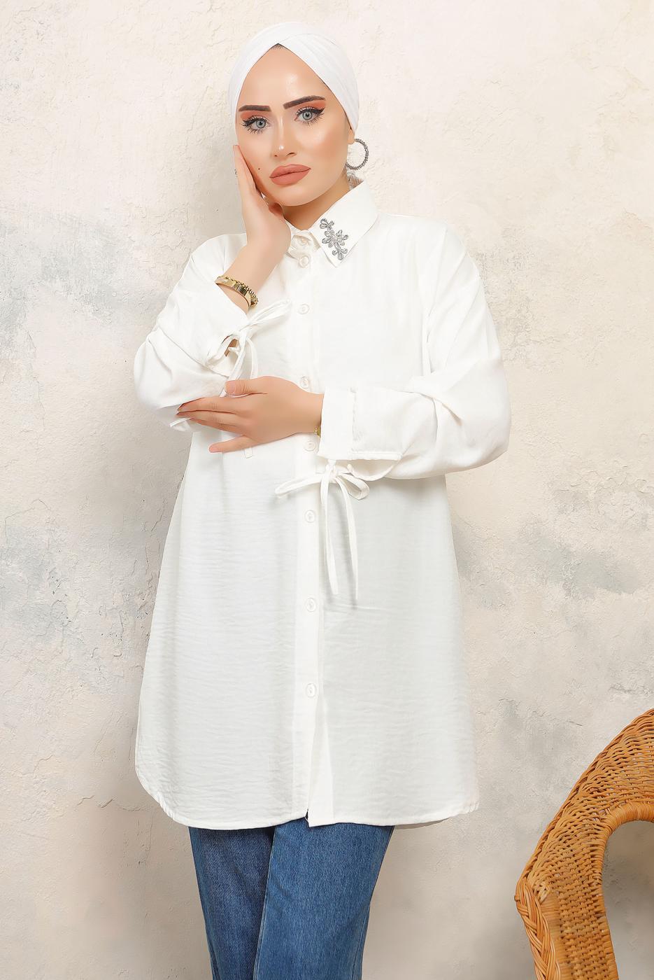 Tesettür giyim EKRU MANŞETLERİ BAĞLAMALI TAŞ DETAYLI GÖMLEK TUNİK T 7513