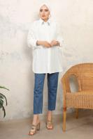 Tesettür giyim EKRU MANŞETLERİ BAĞLAMALI TAŞ DETAYLI GÖMLEK TUNİK T 7513