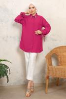 Tesettür giyim FUŞYA MANŞETLERİ BAĞLAMALI TAŞ DETAYLI GÖMLEK TUNİK T 7513