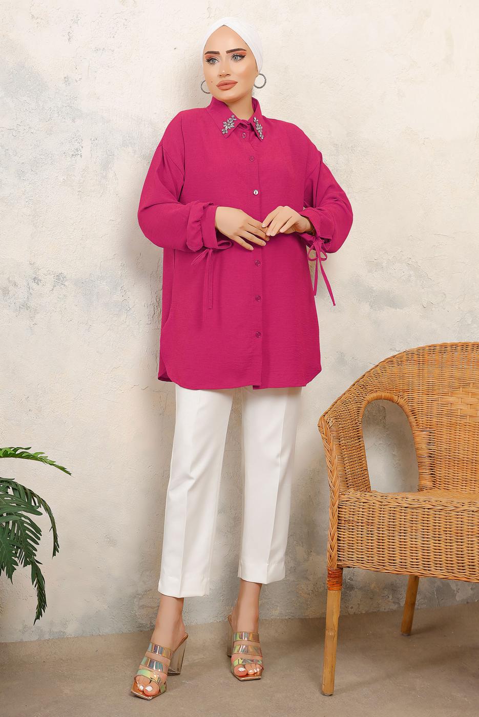 Tesettür giyim FUŞYA MANŞETLERİ BAĞLAMALI TAŞ DETAYLI GÖMLEK TUNİK T 7513