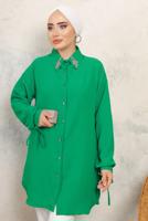 Tesettür giyim YEŞİL MANŞETLERİ BAĞLAMALI TAŞ DETAYLI GÖMLEK TUNİK T 7513