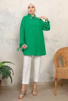 Tesettür giyim YEŞİL MANŞETLERİ BAĞLAMALI TAŞ DETAYLI GÖMLEK TUNİK T 7513