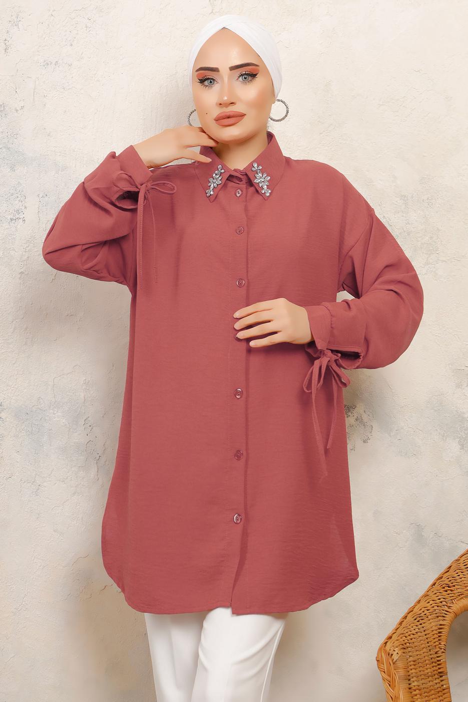 Hijab clothing PINK TIED CUFFS SHIRT TUNIC WITH GEM DETAIL T 7513