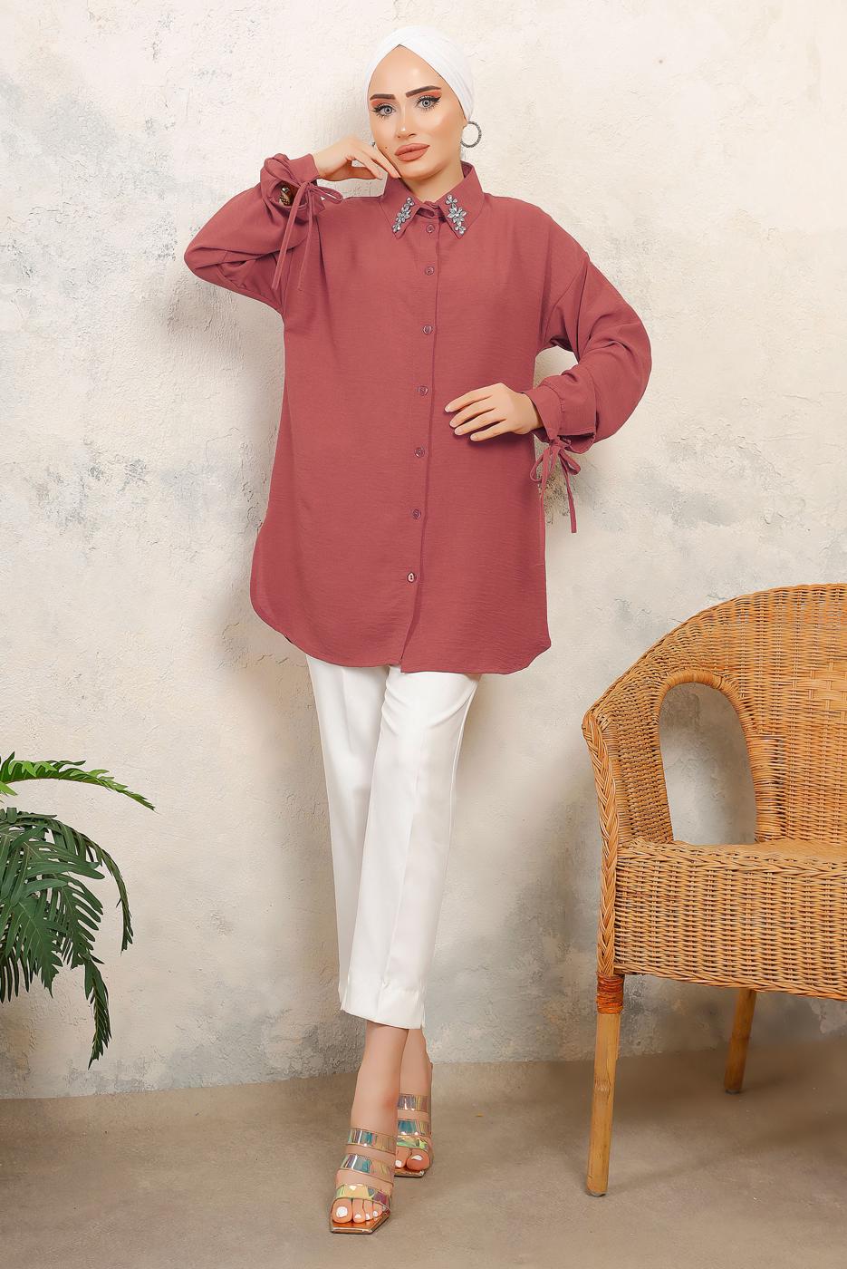 Hijab clothing PINK TIED CUFFS SHIRT TUNIC WITH GEM DETAIL T 7513