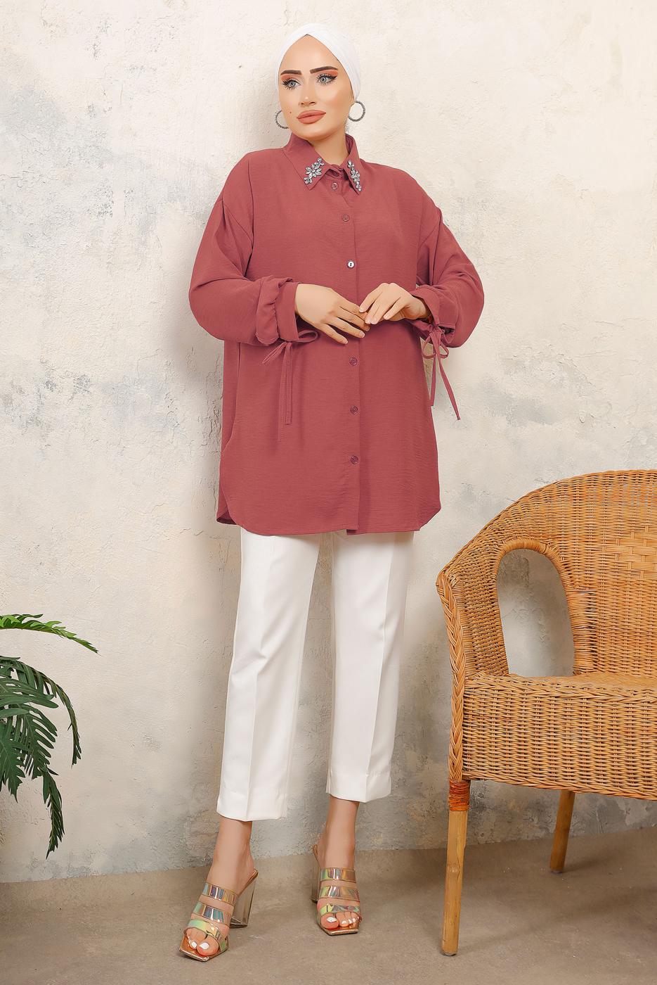 Hijab clothing PINK TIED CUFFS SHIRT TUNIC WITH GEM DETAIL T 7513
