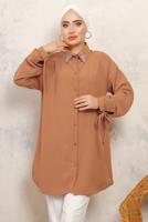 Tesettür giyim KAHVE MANŞETLERİ BAĞLAMALI TAŞ DETAYLI GÖMLEK TUNİK T 7513